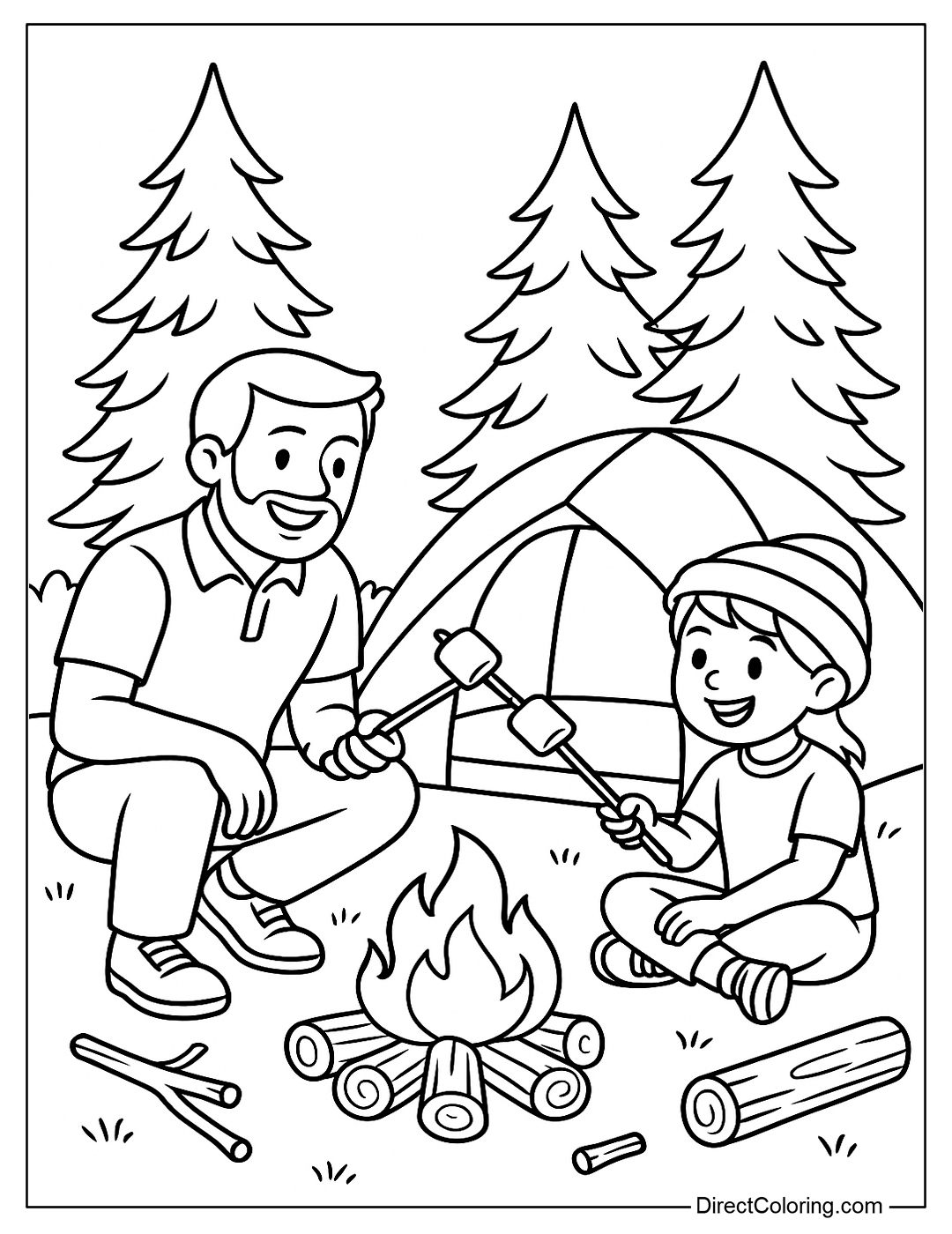 Coloring page of dad and child camping in the middle of the forest, with a campfire and marshmallows.